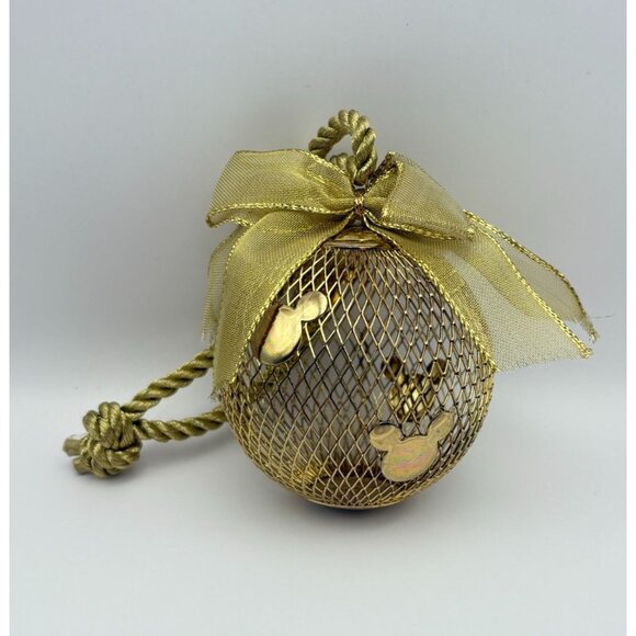 Disney Mickey Mouse Ears Christmas Ornament Gold Tone Mesh Silhouette With Bow - Picture 2 of 6